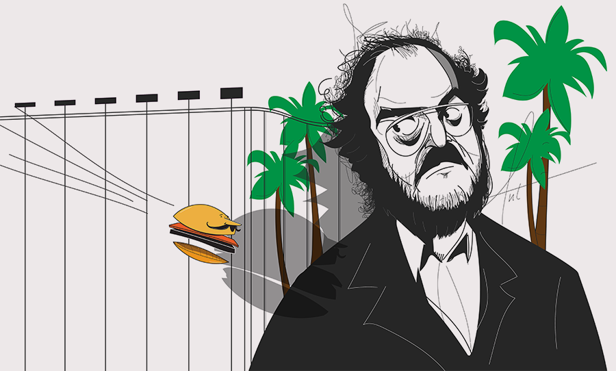 An illustration of Stanley Kubrick eyes a flying hamburger