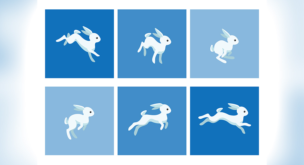 an white animated rabbit hopping captured in 6 freeze frames to signifying the use of animation in advertising