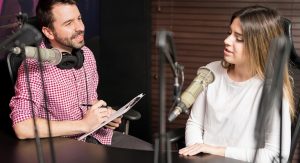 a man interviewing a woman on a podcast