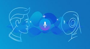 Animation of man and robot looking at each other with a voice icon in between them