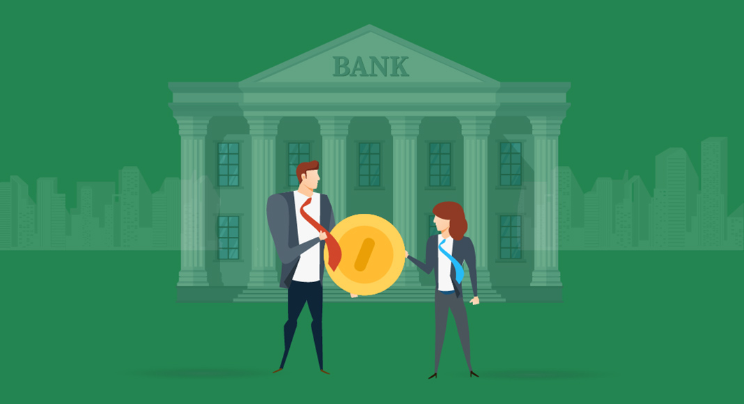 Animated image of a man and a woman holding a large coin in front of a bank.