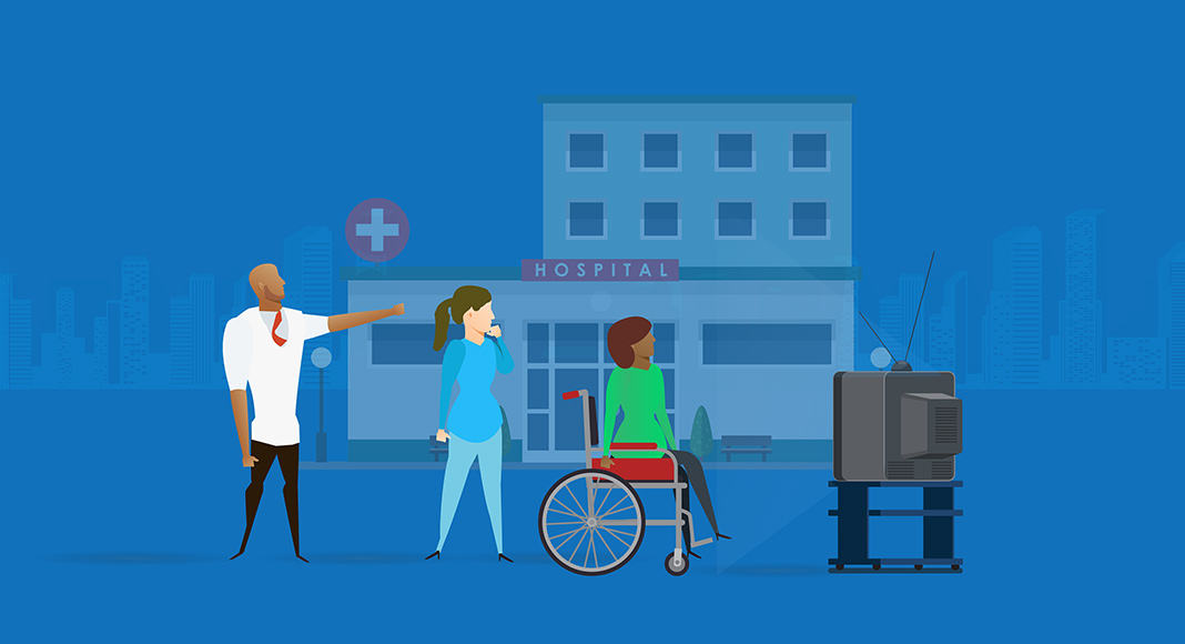 Animated image of a doctor, nurse and patient looking at a TV in front of a hospital.