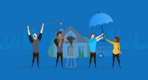 Animated image with blue background showing a man and woman holding an umbrella in front of their house, with a film crew filming them.