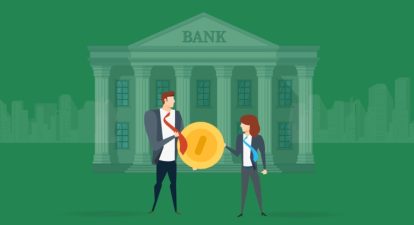 An animated image of man and a woman standing in front of a bank.