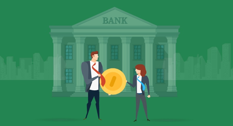 An animated image of man and a woman standing in front of a bank.