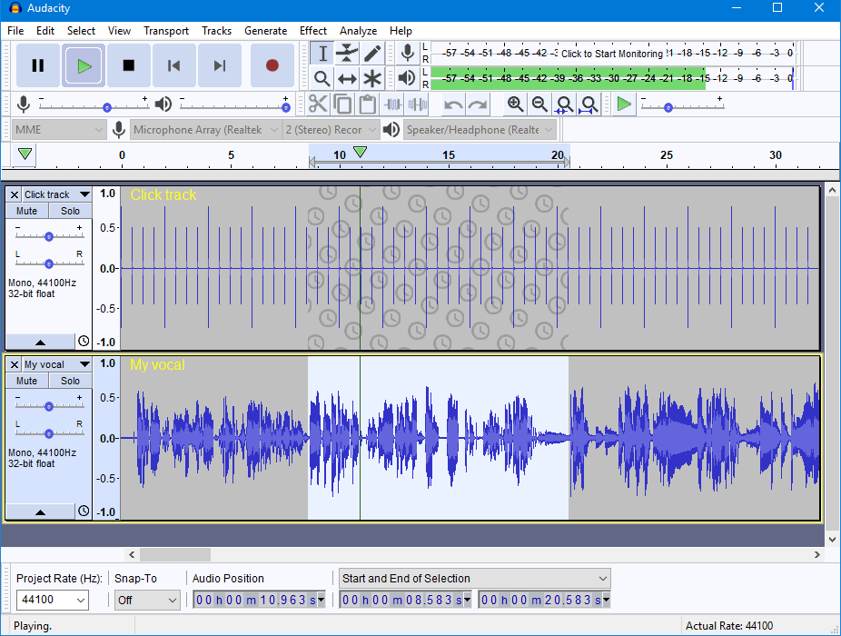 A screenshot of the digital voice recording software, Audacity.
