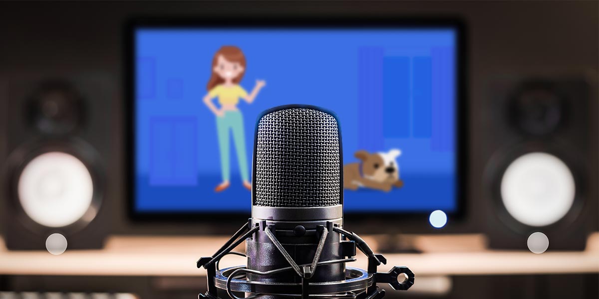Microphone in front of a television featuring animation