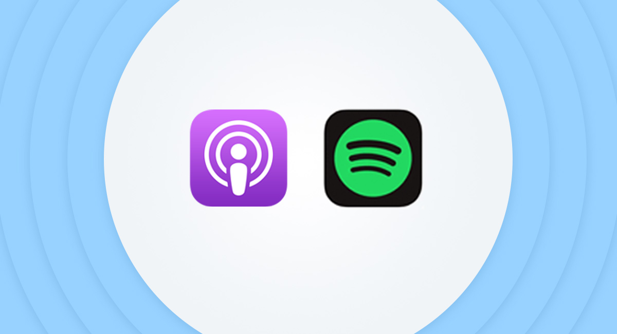 Logo for the Apple Podcasts and Spotify apps within a frame of light-blue sound wave