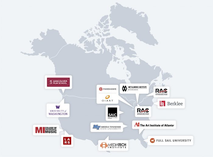 13 Audio Engineering schools pinpoint placed on a grey map of north america 