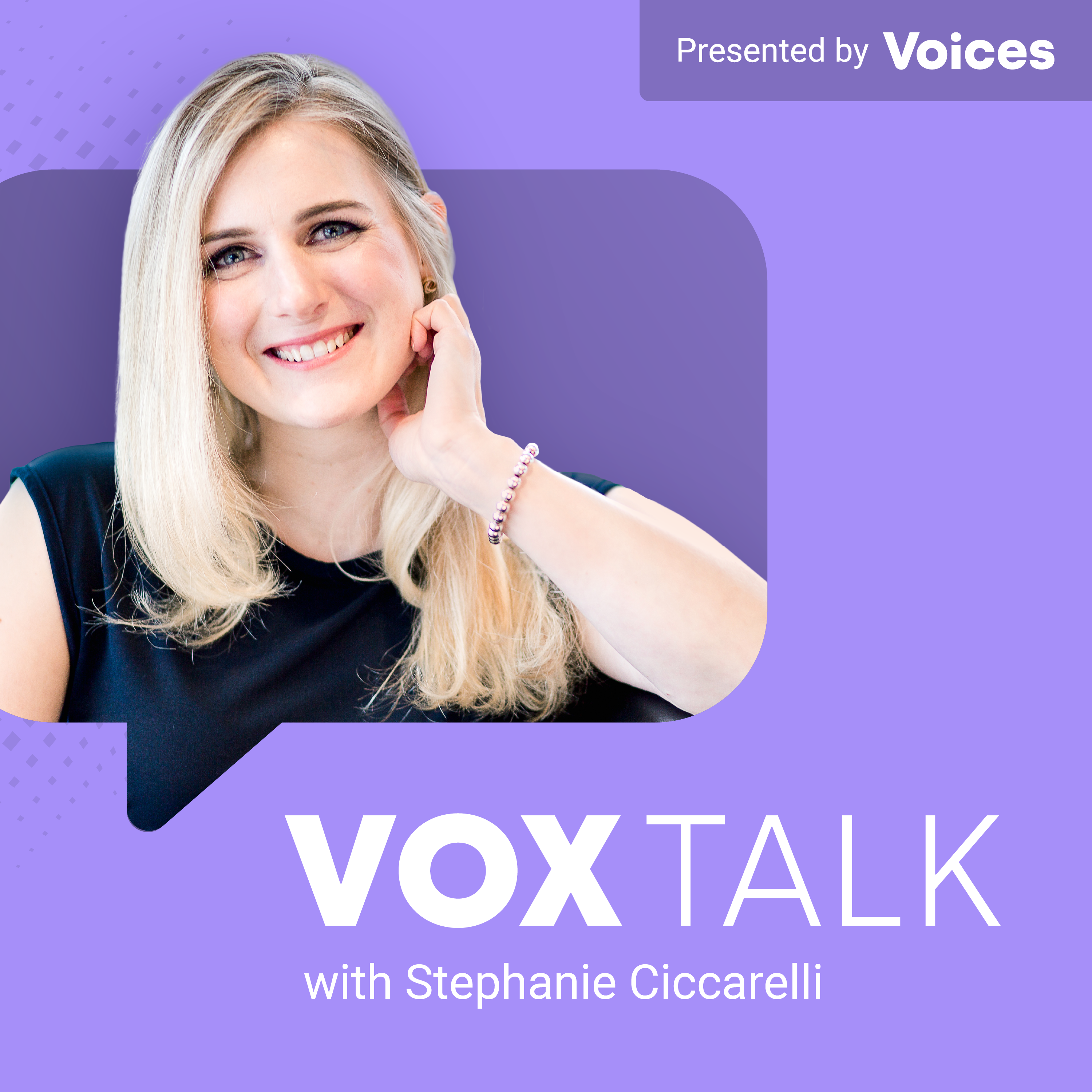 Vox Talk podcast cover art - purple share with a picture of Stephanie Ciccarelli in it.