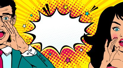 An animated image of a cartoon man and woman yelling with their hands over their mouths in front of a speech bubble icon and yellow background.