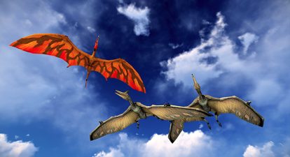 Two pterodactyls flying in the sky