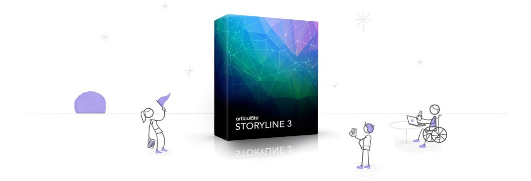 An animated image showing the Articulate Storyline software box and 3 cartoon characters looking towards it.