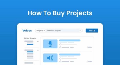 Animated image of Voices.com with blue background and a title saying "How to buy projects"