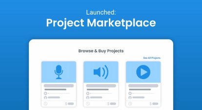 Animated image of Voices.com with blue background and a title saying "Launched: Project Marketplace""