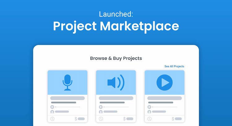 Animated image of Voices.com with blue background and a title saying "Launched: Project Marketplace""