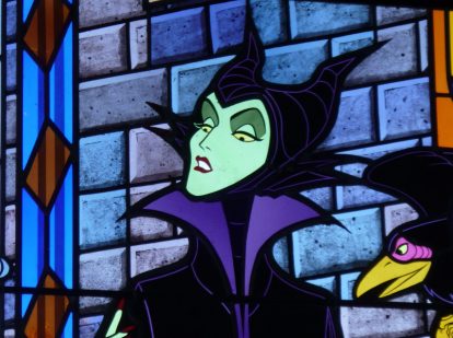 Stained glass window of Maleficent the witch from Disney's Sleep