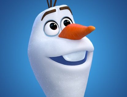Olaf the snowman is looking away from the camera, in front of a blue background.