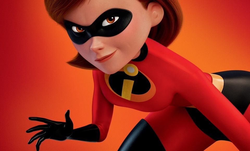 Elastigirl in costume hunches forward, in front of a red background.