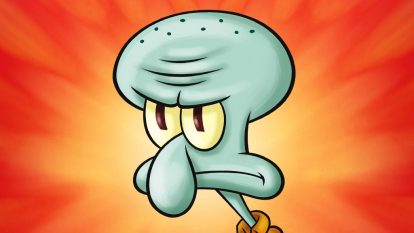 Squidward Tentacles frowns and stares off into the distance with a red and yellow background behind him.