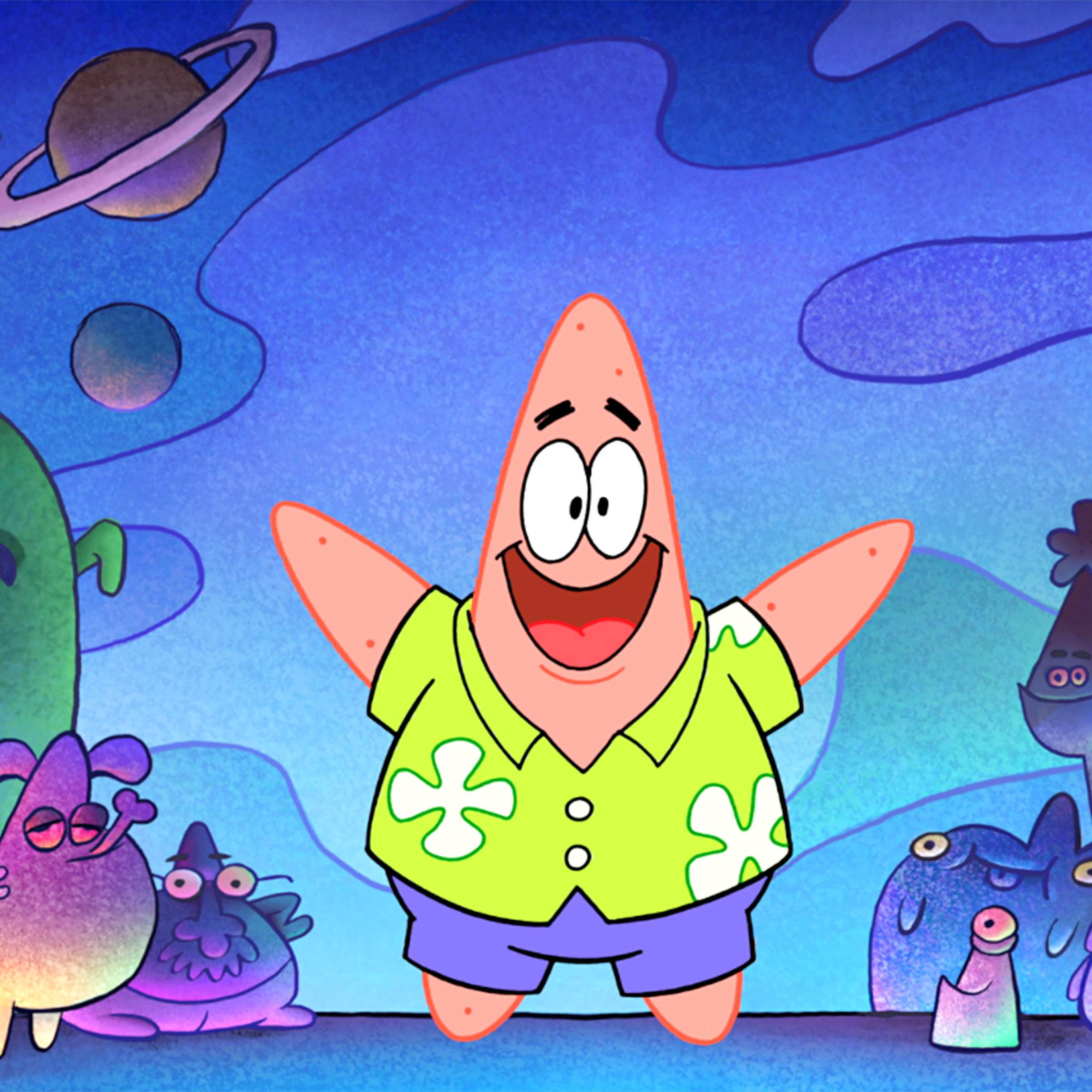 Patrick Star is smiling with a green floral shirt and purple pants.