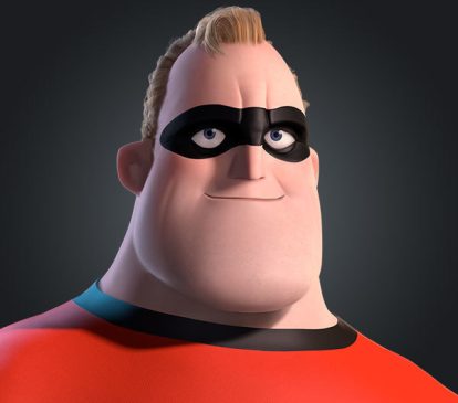 Mr. Incredible smiles towards the camera, in front of a dark grey background.