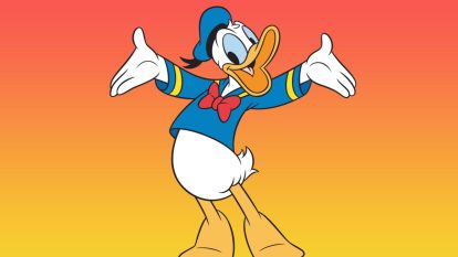 A duck wearing a blue sailors outfit, standing on his two feet, smiles as he holds his hands towards the sky.