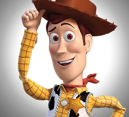 An animated cowboy wearing a yellow outfit tips his brown hat as he smiles towards the camera.