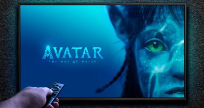 TV screen playing Avatar the way of water trailer or movie. Moscow, Russia - November 3, 2022.