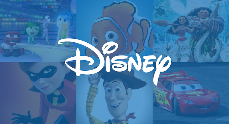A collage with Disney logo and character of Disney behind blue background.