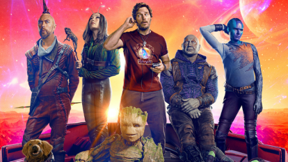 A photo promoting the new Guardians of the Galaxy 3 movie with all 6 main characters.