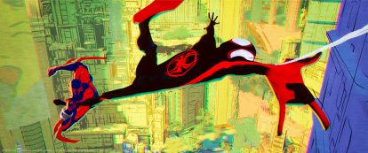 An animated image of spider-man swinging for a web as he's being chased by a villain.