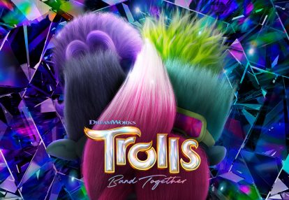 An animated poster showing 5 main character's hair from the movie Trolls with gems in the background