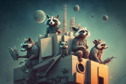 Image of rocket racoons on top of building.