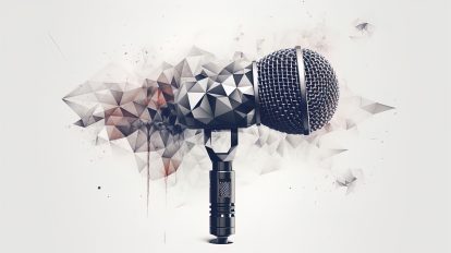 Minimalist Polygonal Microphone on a White Background.