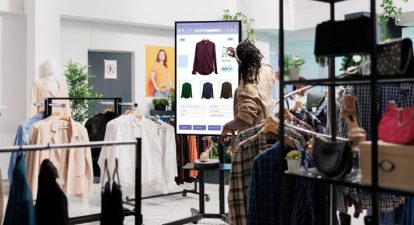 A Black man looks at clothes online on touch screen monitor in a clothing store.
