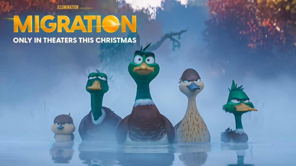 An animated image that says 'Migration'. Showing 5 animated ducks swimming on the water.