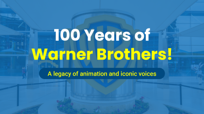 An animated image of the Warner Brothers building with a graphic overlayed on top saying '100 Years of Warner Brothers!'