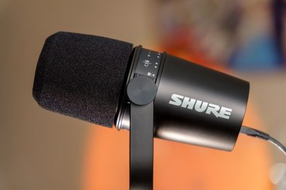 Close-up view of Shure mv 7 professional microphone. Selective focus