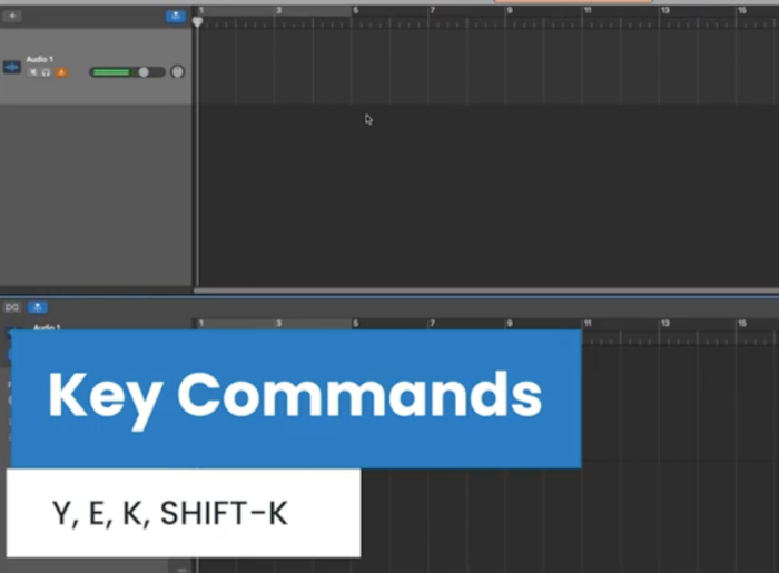 A GarageBand project screen with shortcut key commands listed.