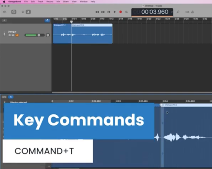 A GarageBand project screen with a shortcut Key Command