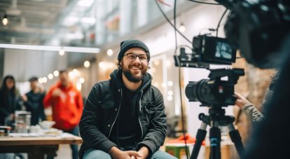 A bearded man with a toque smiles to the camera during a commercial shoot.