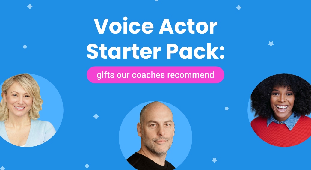 An animated graphic with three voice actor coaches in front of a blue background.
