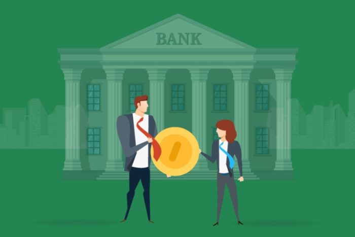 An animated image of a man and a woman standing in front of a bank on a green background.