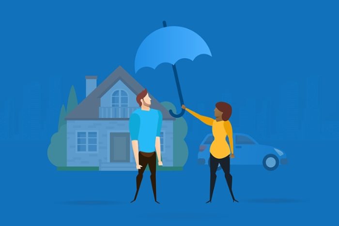 A man and a woman standing in front of a house and a car while exploring insurance options. The woman is holding an umbrella.