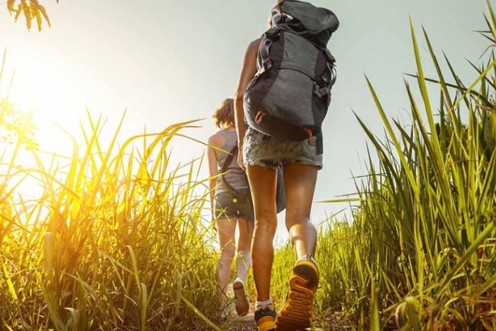 A couple wearing backpacks travelling through a field of grass and brush.