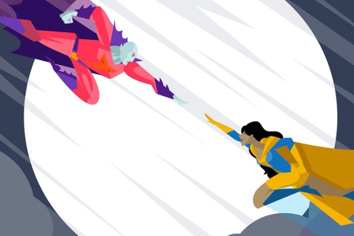 A cartoon image of a hero and a villain flying through the sky towards each other to begin a battle.