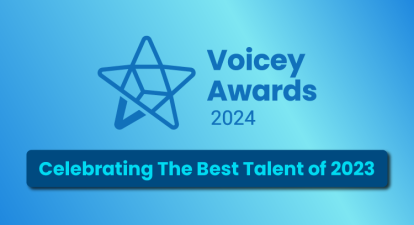 The words Voicey Awards and a star icon in dark blue against a sky-blue background.