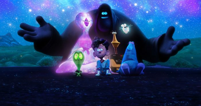 A movie trailer preview of the animated movie, 'Orion and the Dark'. Six different ghost-like characters look towards the horizon.