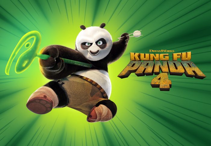 A movie promo poster for Kung Fu Panda 4 shows a panda jumping and kicking while holding a green staff.